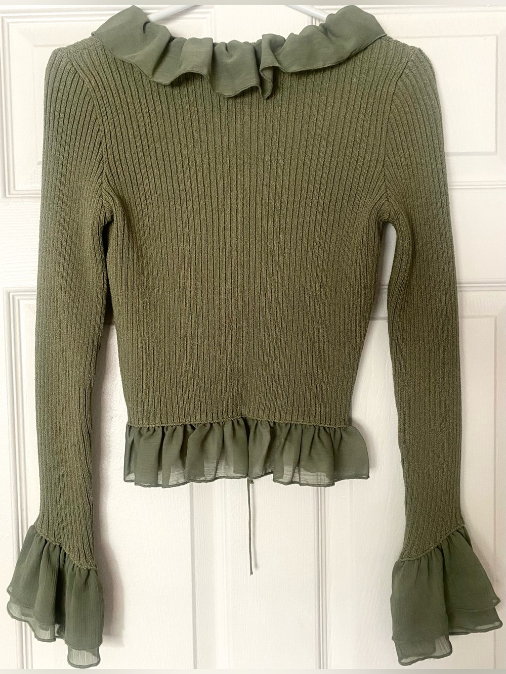 Zara Olive Green Ruffle Tie Front Cardigan Bell Sleeve Fairycore Top S - Picture 6 of 7